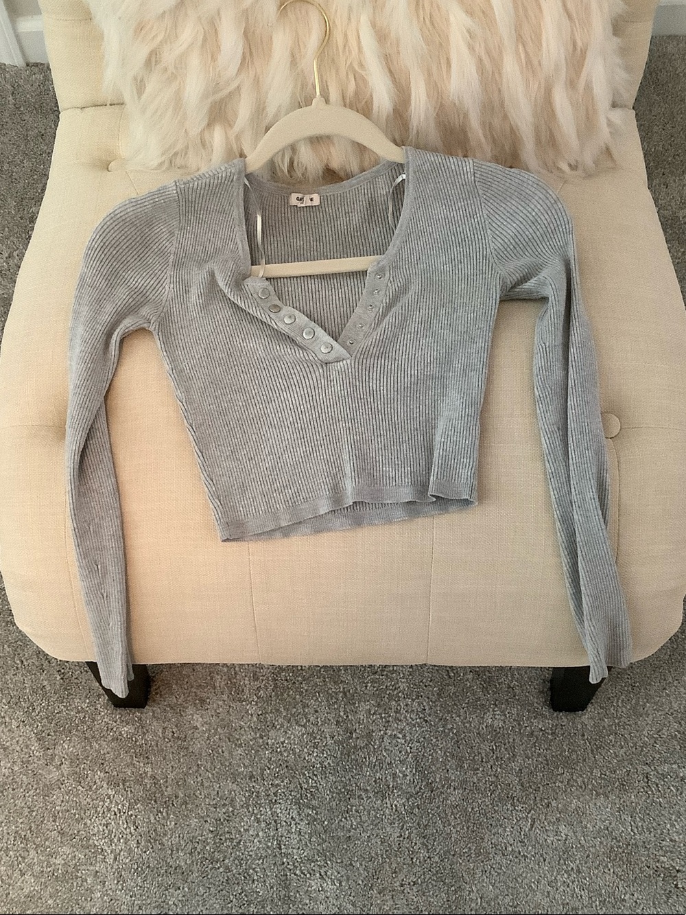 Garage Light Gray Ribbed Long Sleeve Crop Top with Snap V-Neck